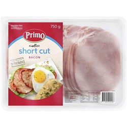 BACON SHORT CUT RINDLESS 750GM(6) PRIMO